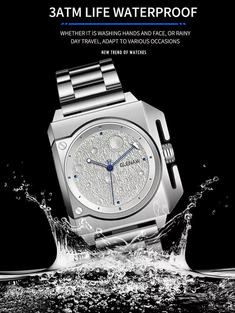 GLENAW Mechanical Men’s Watch Moon Surface Dial Luminous Spaceship Pointer 3ATM
