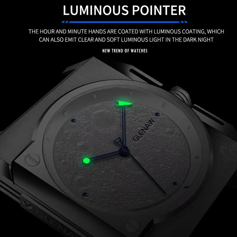 GLENAW Mechanical Men’s Watch Moon Surface Dial Luminous Spaceship Pointer 3ATM