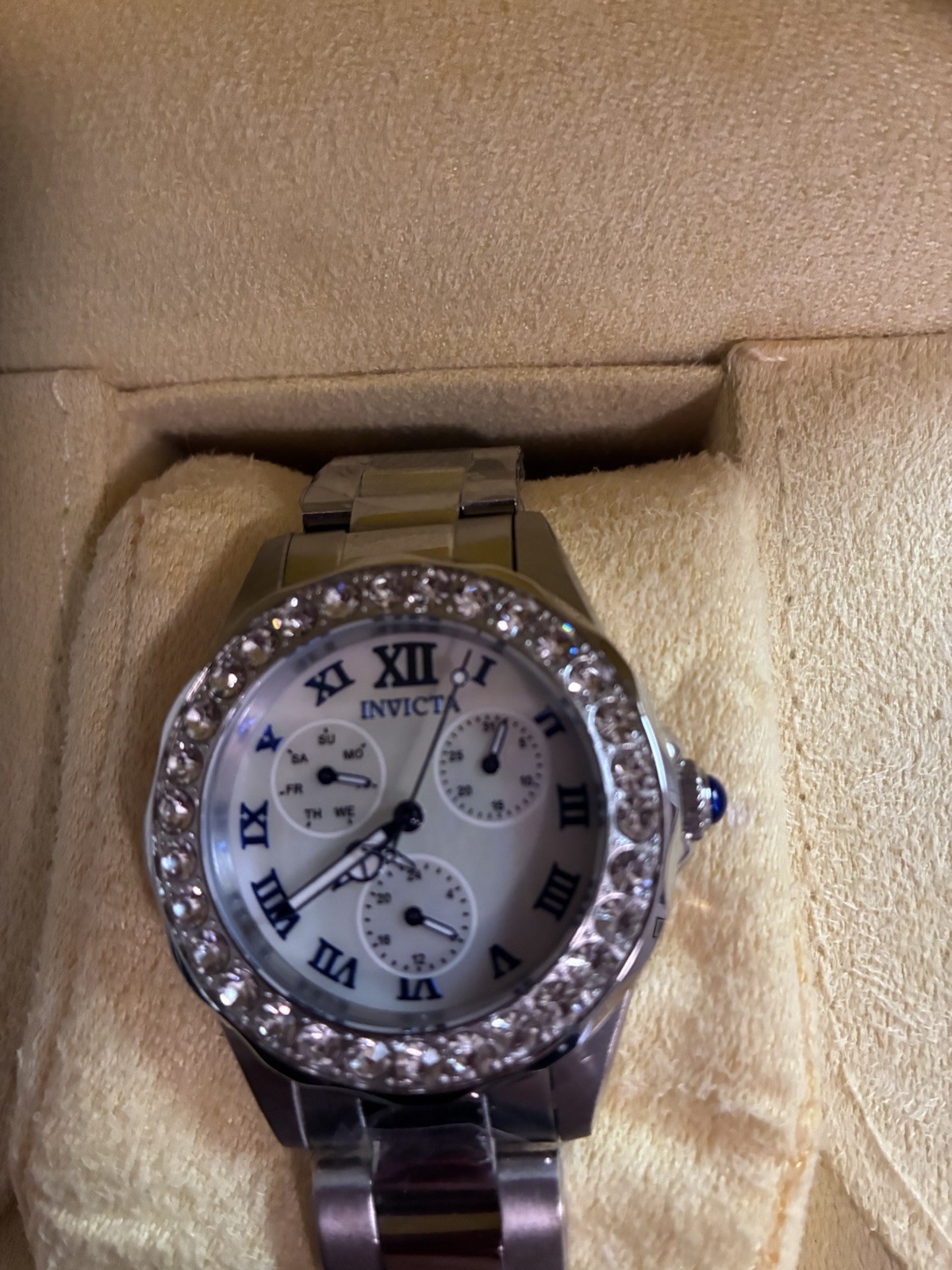 Invicta Women’s Silver Stainless Steel Bracelet Watch White Dial Gem Bezel Box