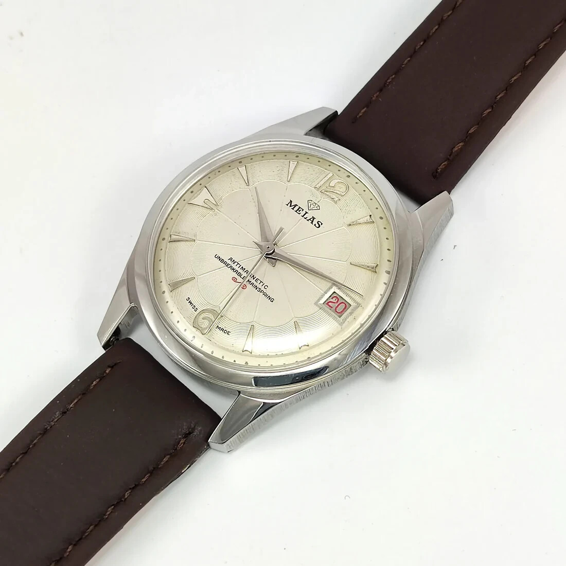 Working Melas Pearl Dial Date Function Handwinding Transparent Back Wrist Watch