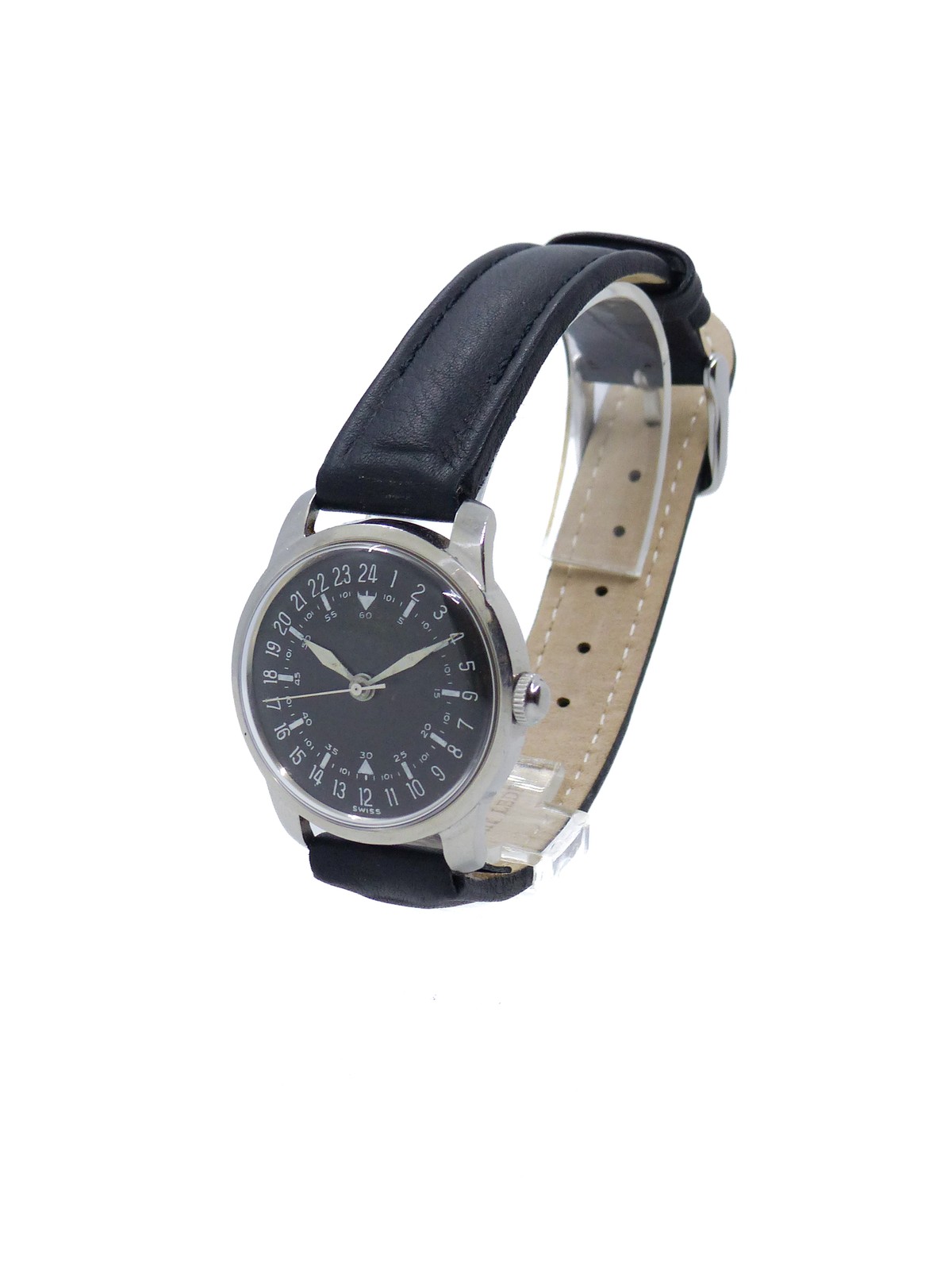 Wakmann Military and pilot wristwatch 24 hour dial Lemania 3060 60’s