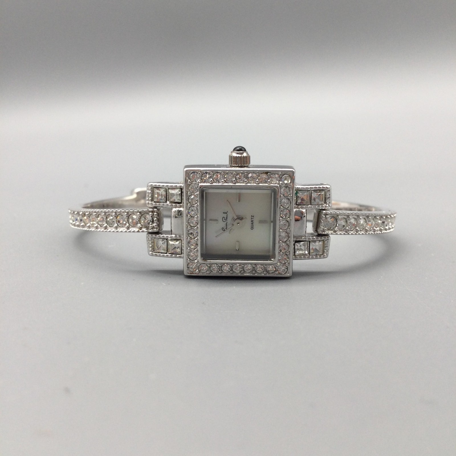 Erwin Pearl Womens Watch 16mm Square Silver Tone Crystal New Battery 5.75″