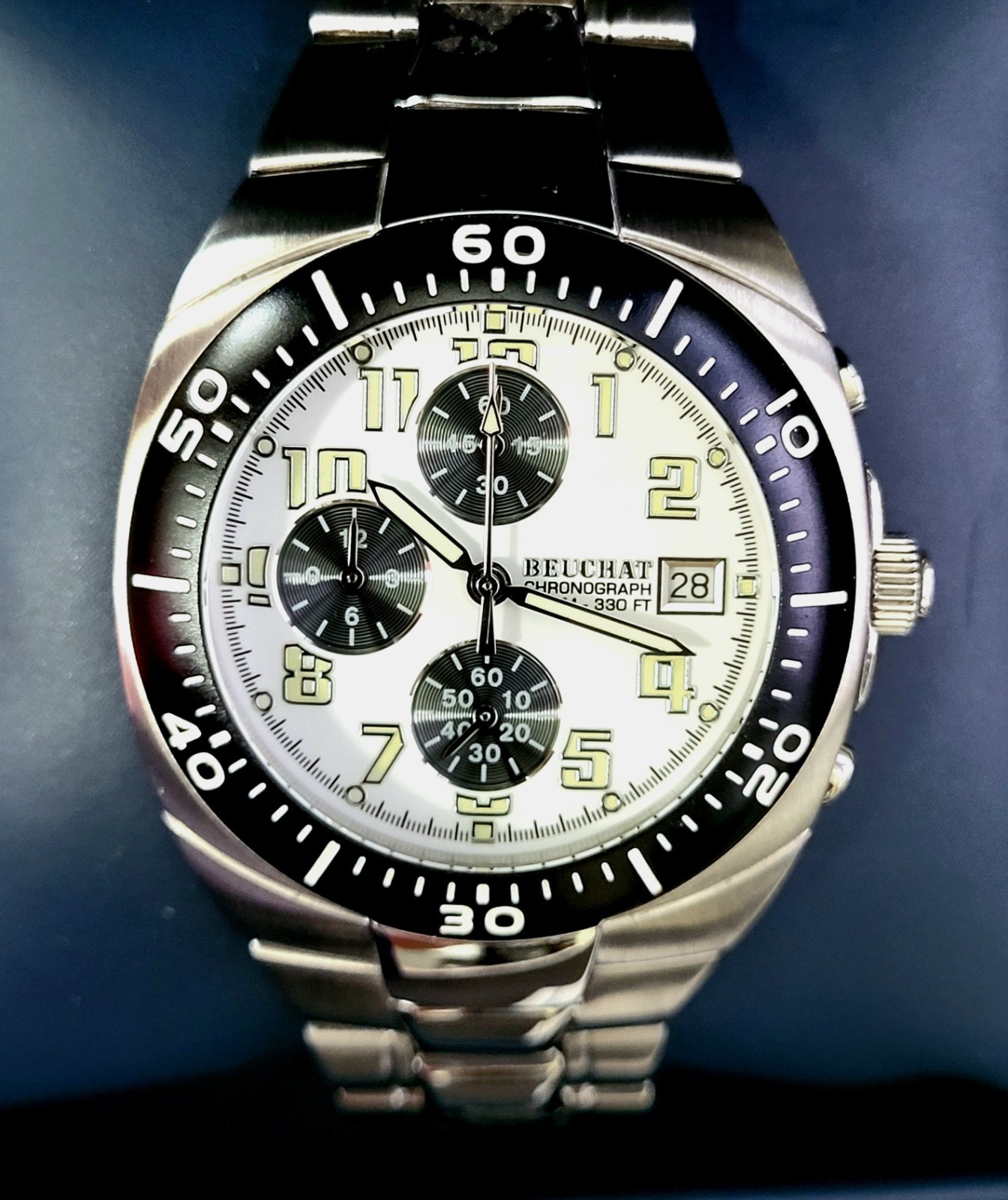Beuchat Swiss Chrono Watch 100M Mens Watch Box & Papers