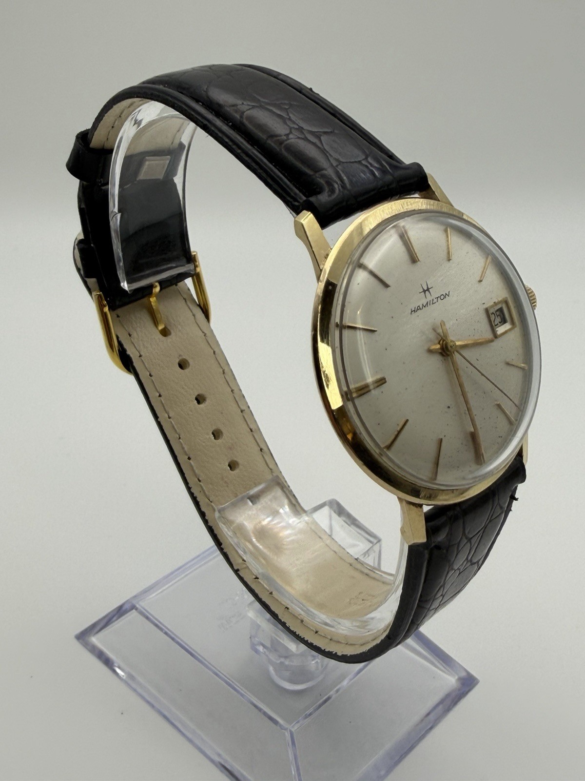 Vintage Hamilton Swiss Hand Wind 34mm Gold Tone Date Dress Watch Runs