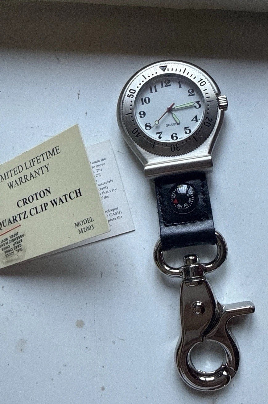 Croton Wilderness Clip On Compass Watch Silver Tone Leather Pocket NOS
