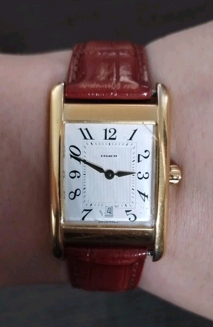 Coach Tank Style Quartz Watch W503B Date Window Brown Crocodile Embossed Leather