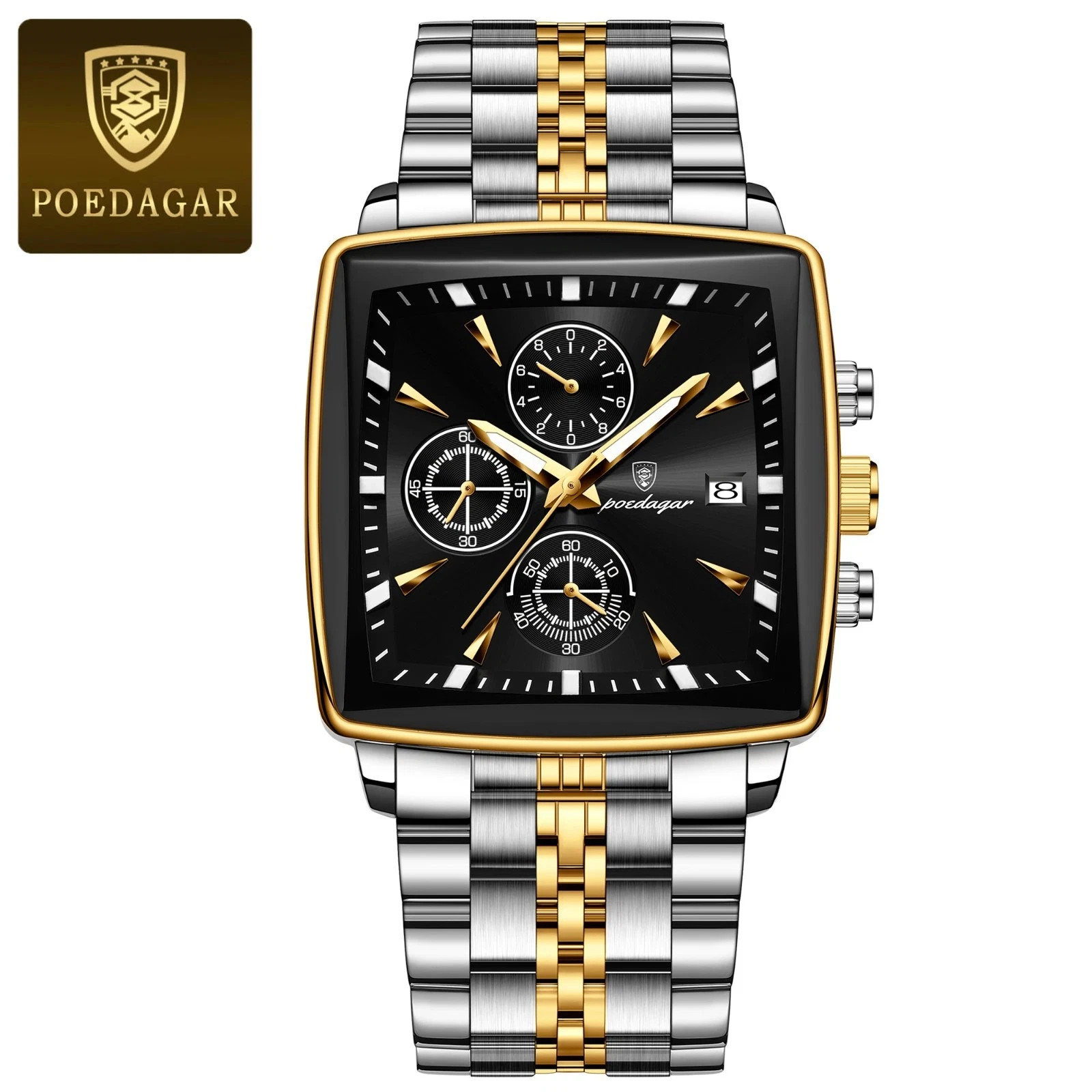 Luxury Men’s Watch Square Stainless Steel Waterproof Luminous Chrono