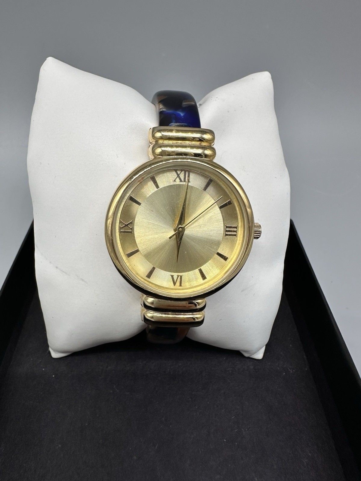 Blue & Brown Mottled Lucite Band Clamp Gold Tone Watch New Battery!