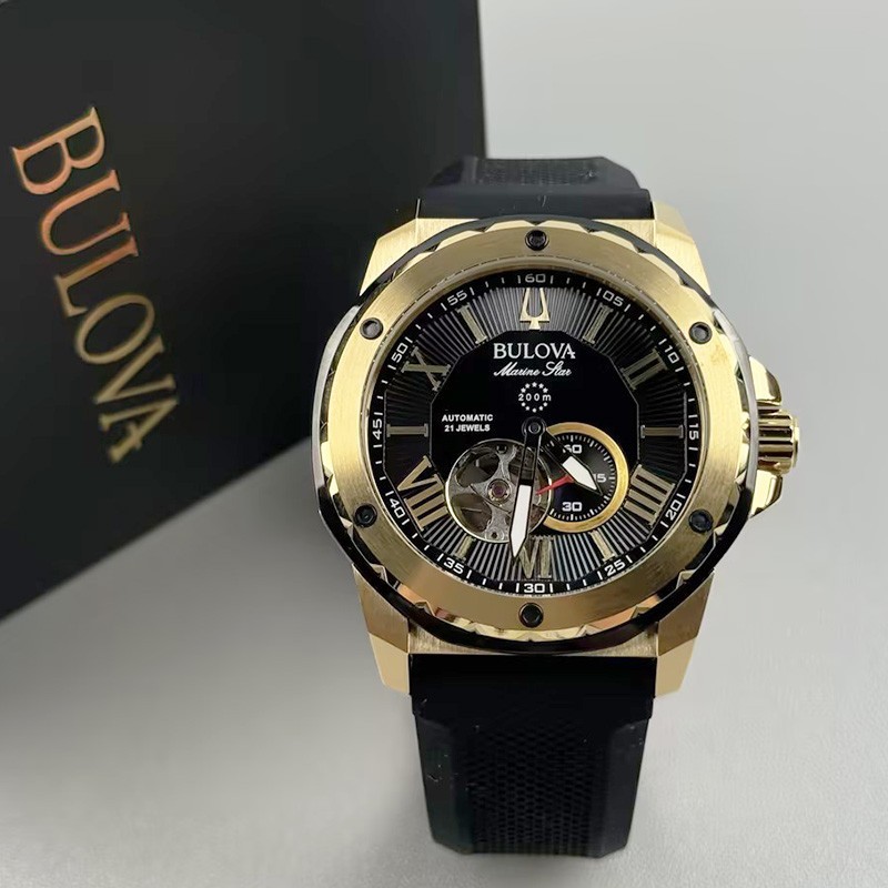 Bulova Marine Star 98A272 Automatic Men’s Watch Black Gold Dial Rubber Strap