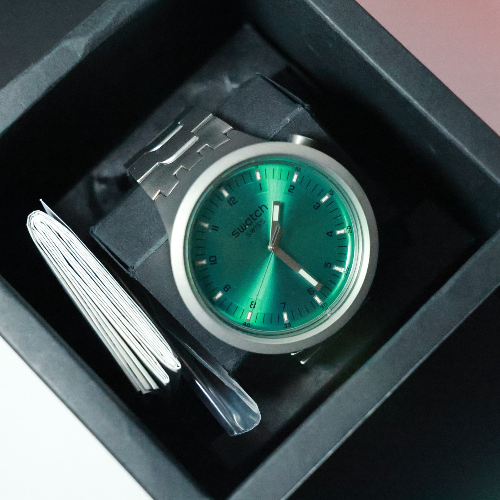 New Swiss Swatch BIG BOLD IRONY AQUA SHIMMER Stainless Steel 47mm SBO7S100G Tur