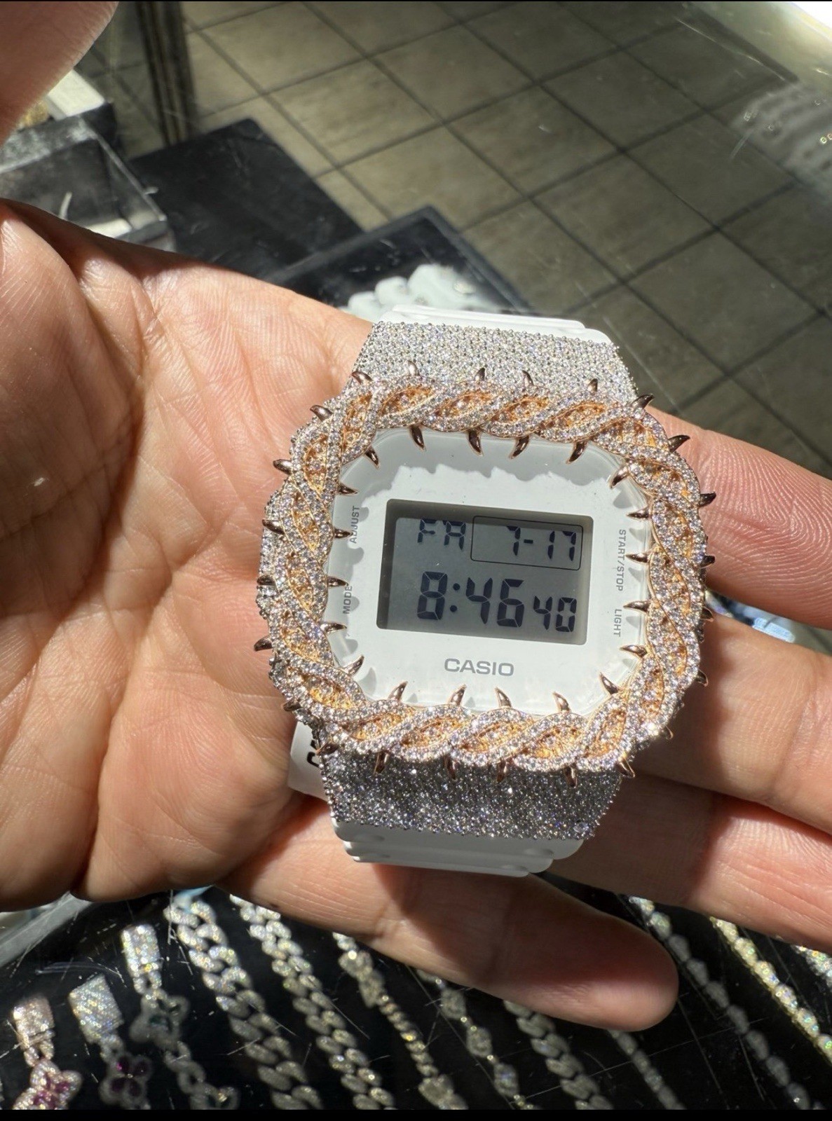 Casio G-SHOCK DW5600 White Digital Quartz Watch w/ Custom Iced Bezel