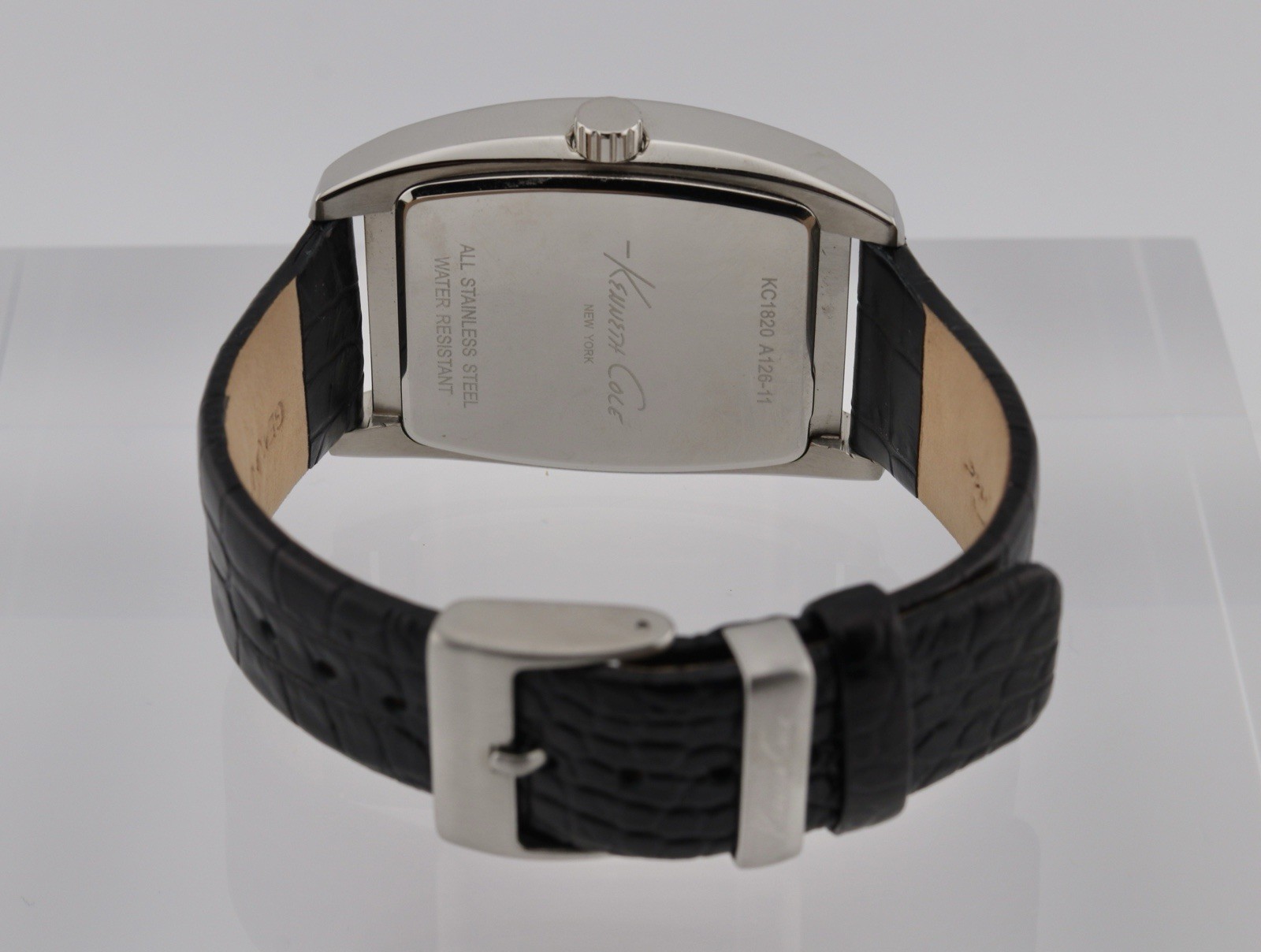 Kenneth Cole White Dial Black Leather Silver Tonneau Stainless Steel Watch (73)