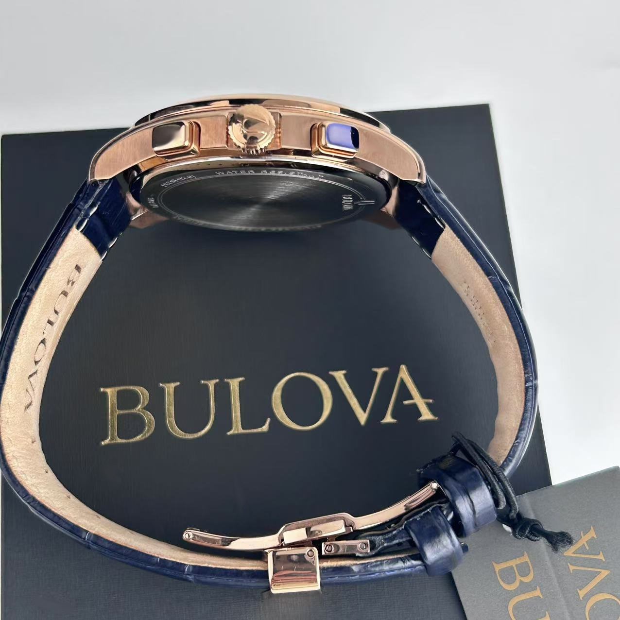 Bulova Wilton Classic 97B170 Blue Dial Leather Strap Men’s Quartz Watch 46.5 mm