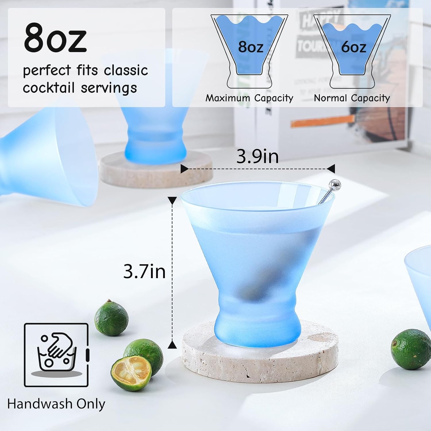 8oz Blue Frosted Stemless Martini Glasses, Matte Finish Fingerprint-Resistant
