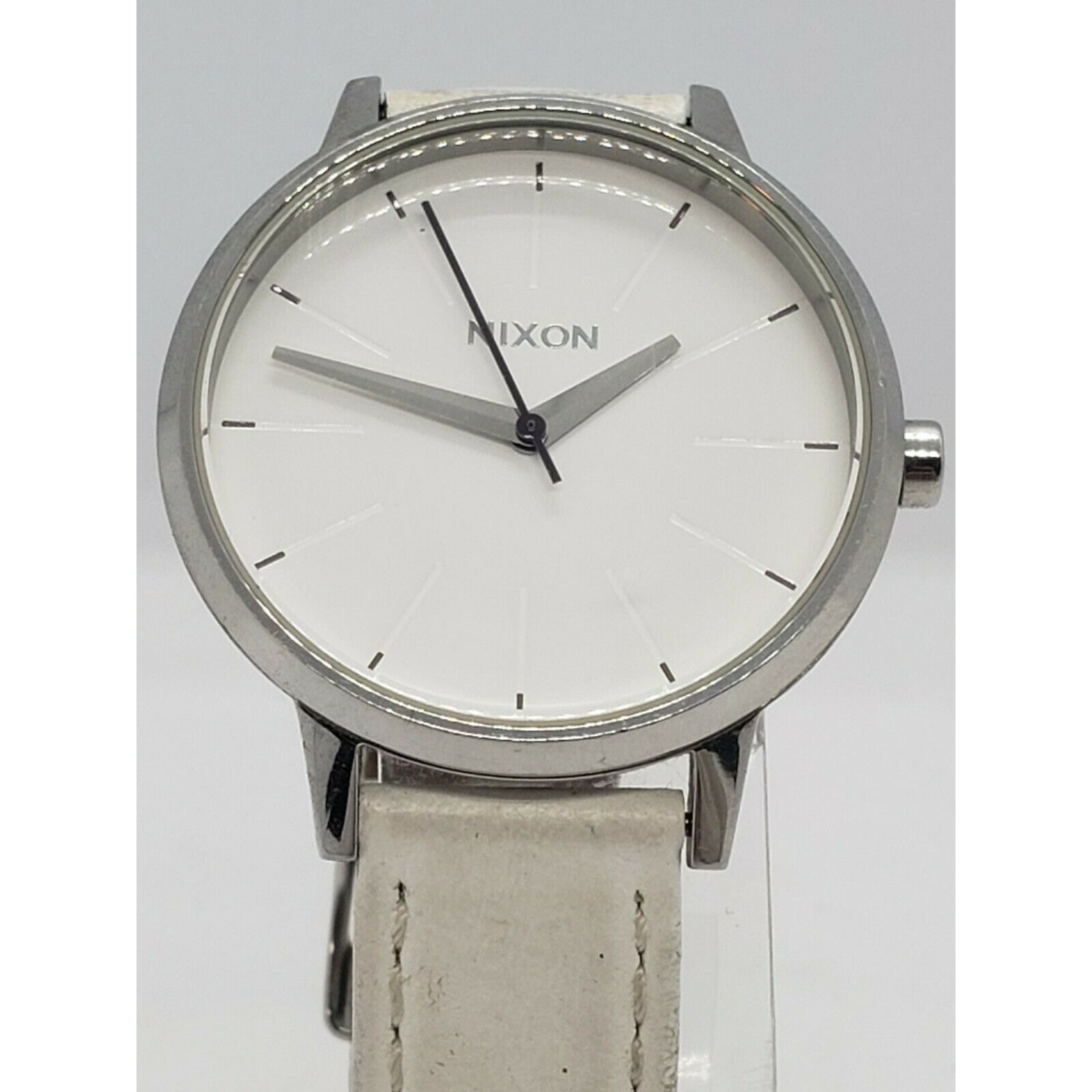 Nixon Moving Out Kengsington Silver Tone Steel Watch with White Leather Band