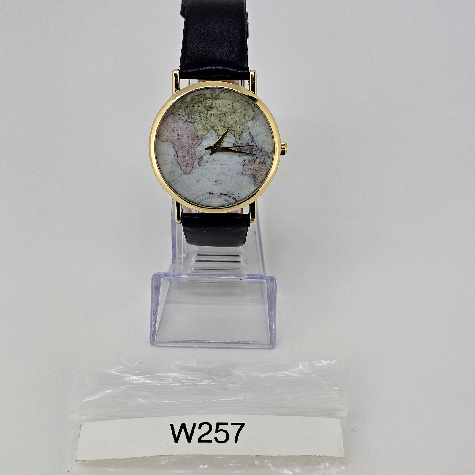 Unisex World Map Watch 38MM Multicolor Dial Black Faux Leather Bands New Battery
