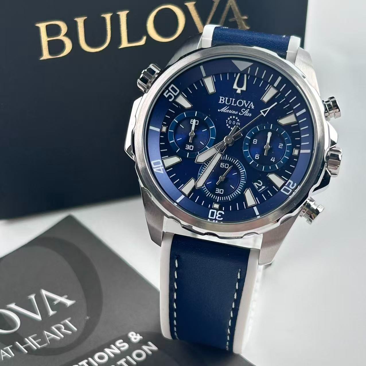 New Bulova Marine Star 96B287 Blue Dial Men’s Chronograph Quartz Watch 43 mm