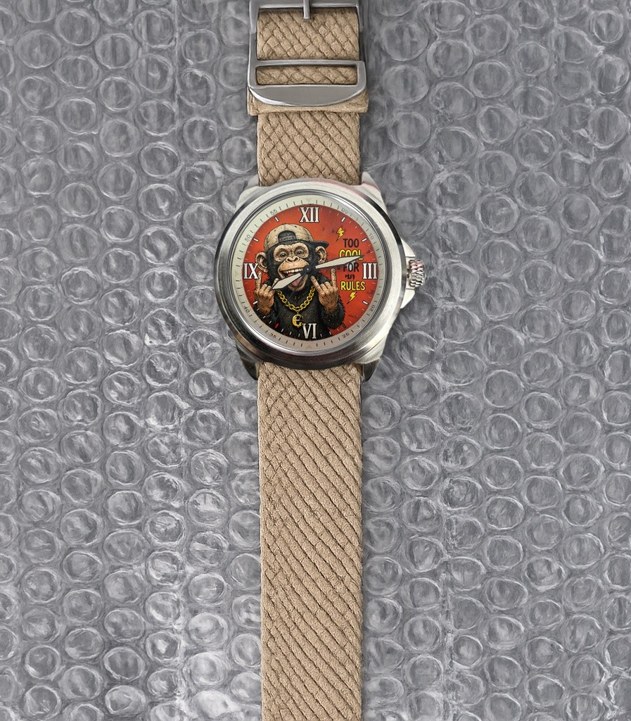 Funny Pop Animal Art Chimp Monkey Khaki Fabric Strap Wrist Watch Boxed