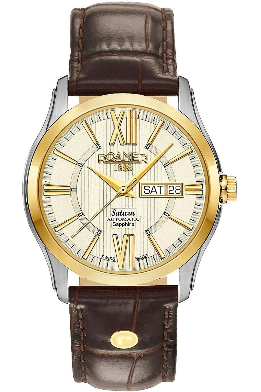 Roamer Saturn II Men’s Swiss Made Automatic Watch Champagne Dial Leather NEW