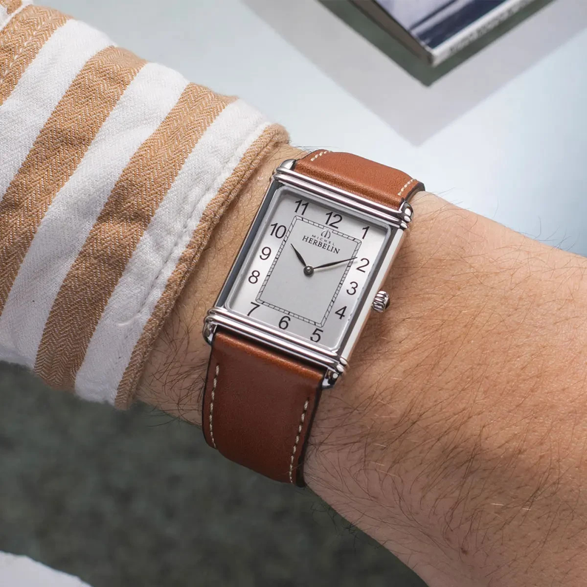 Herbelin Art Deco 17468AP22GD Men Brown Leather Straps Silver Dial Watch 26.5mm