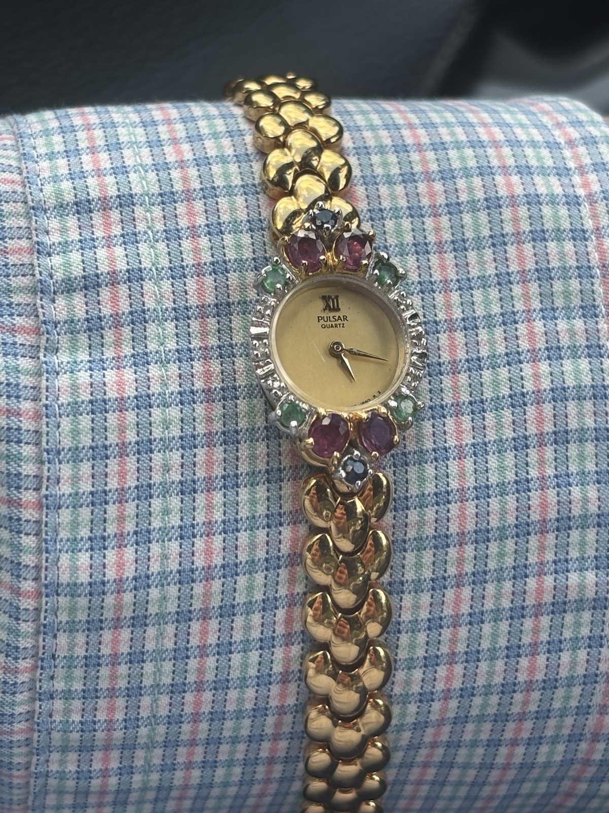 Vtg Pulsar Watch Women Ruby Sapphire Emerald Diamond V400-L312 7.25″