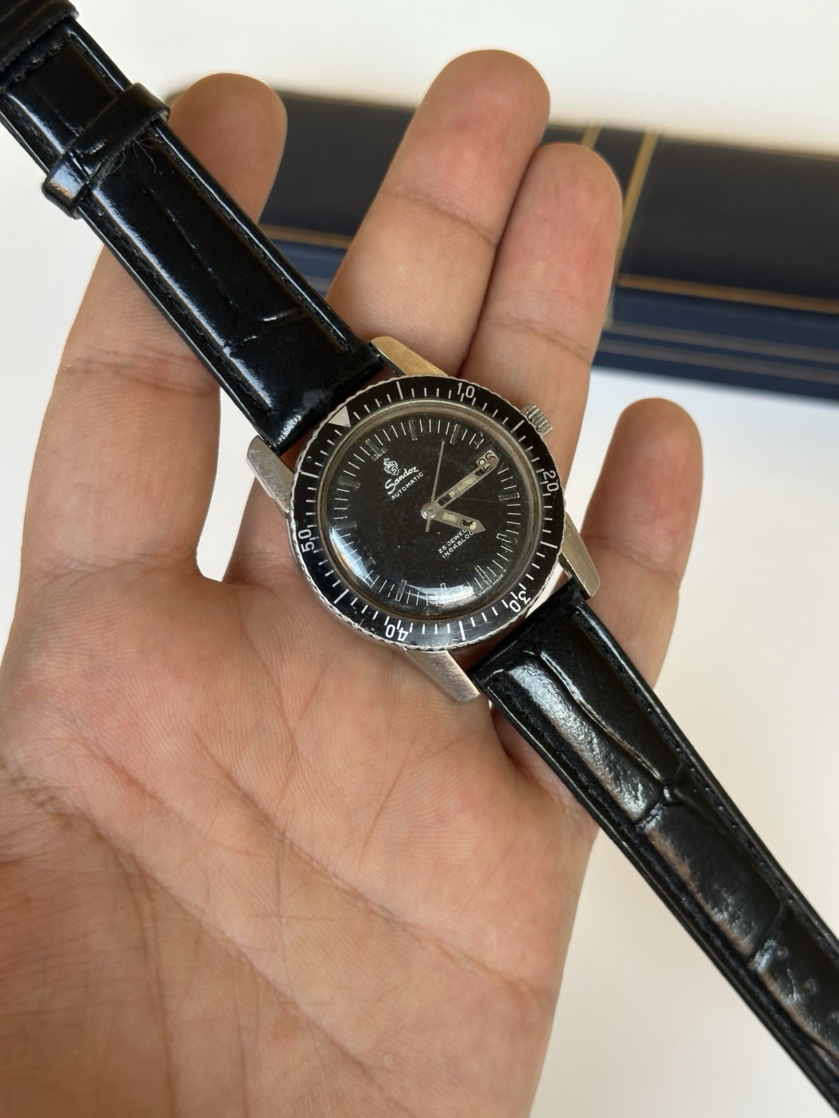 Rare Vintage Sandoz Automatic Skin Diver Watch 25 Jewels 37mm Boxed Black Date