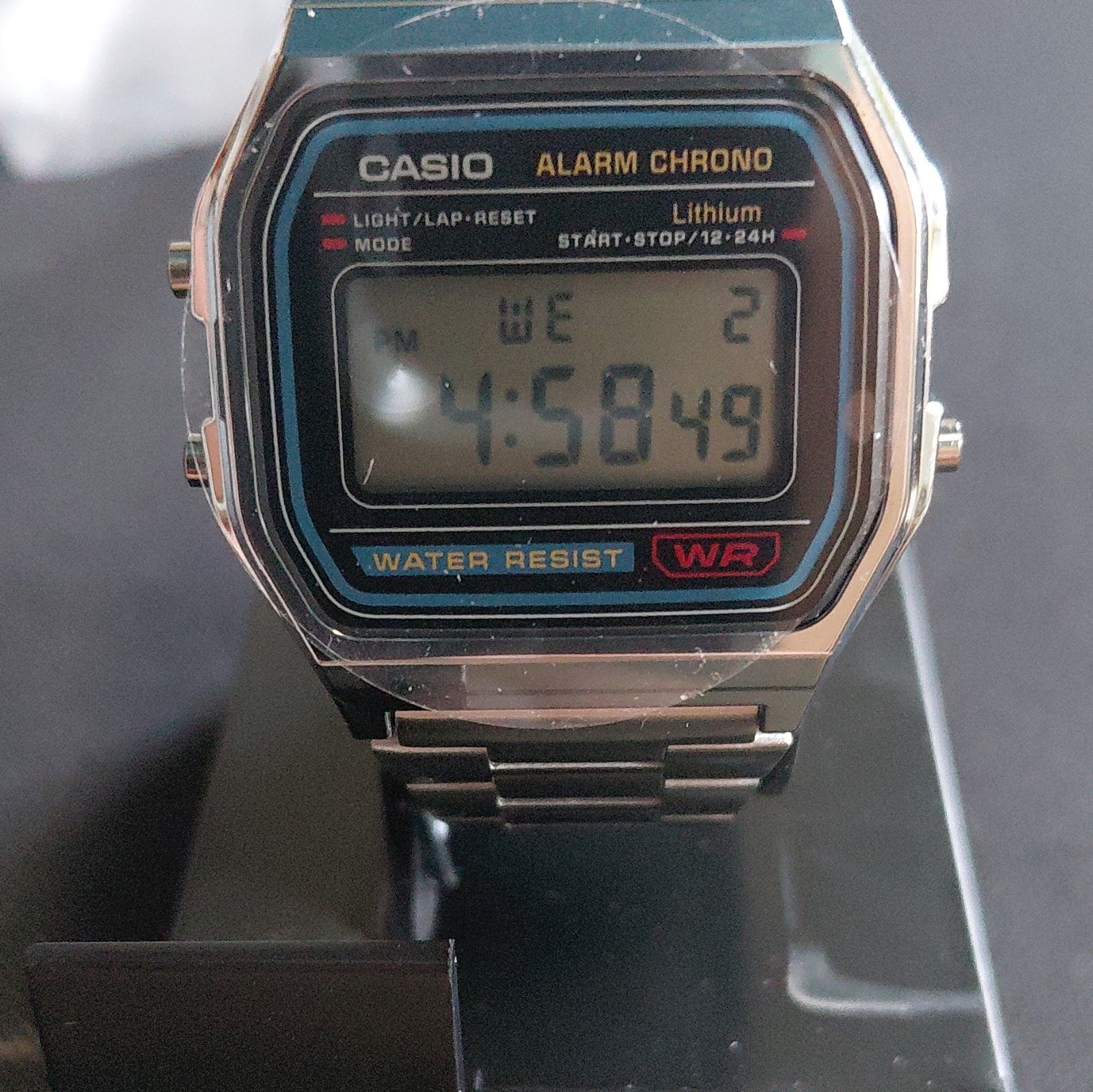 Casio A158W-1QES Digital Quartz Alarm Chrono Watch, SS Bracelet, Box Papers
