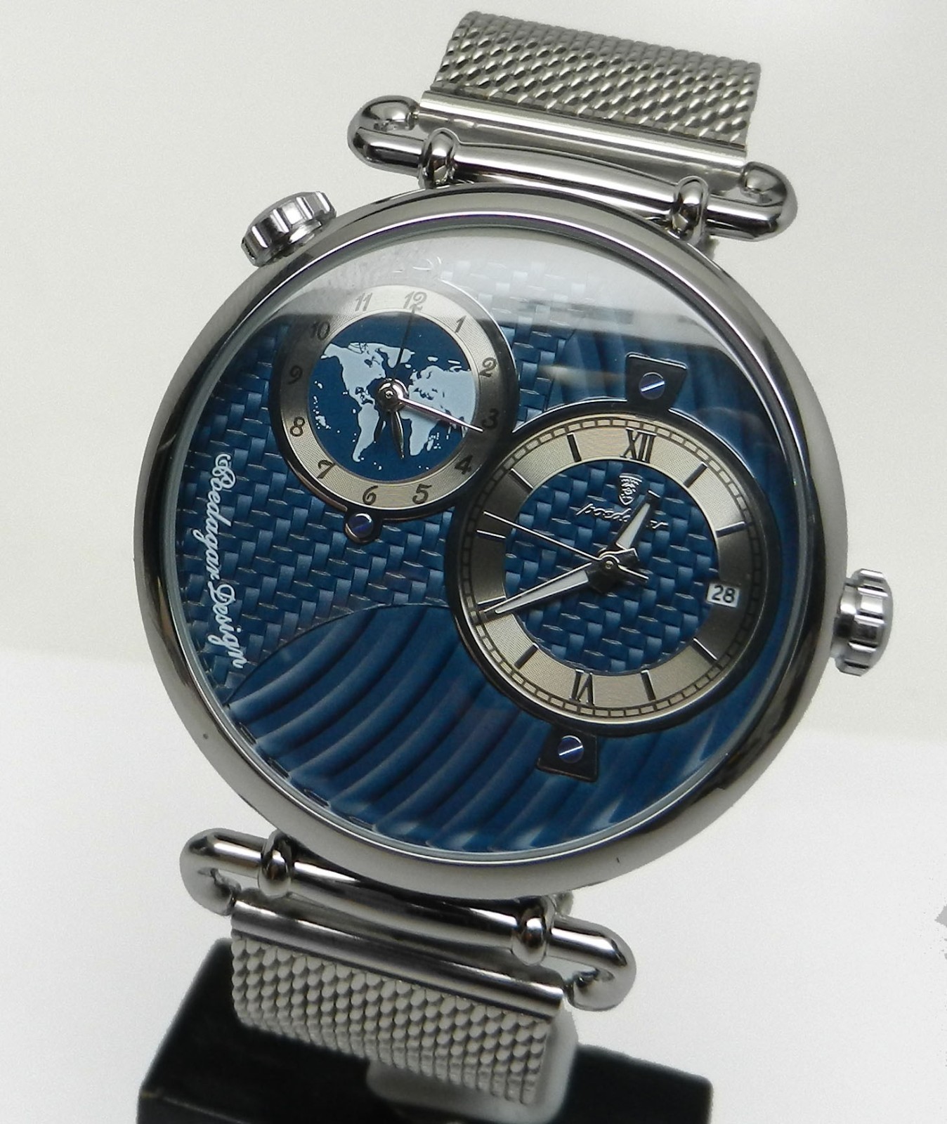 Men’s Dual Time 44mm Textured Blue Date Dial Stainless Steel Mesh Strap Watch