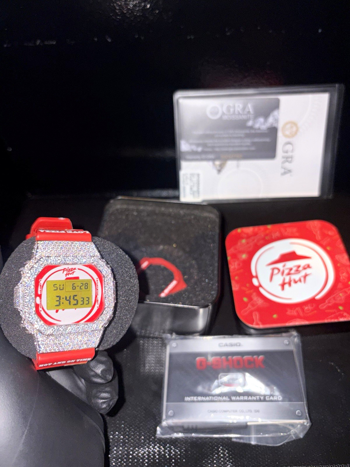 Casio G-SHOCK DW-5600 Pizza Hut Digital Quartz Red Resin with Moissanite Face