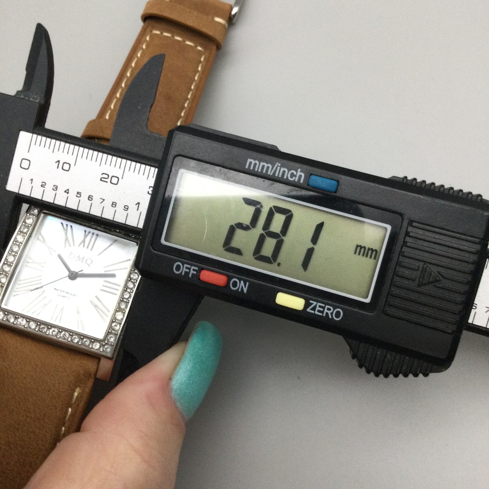 DMQ Square Watch Womens 28mm Silver Tone Crystals Tan Leather Strap New Battery