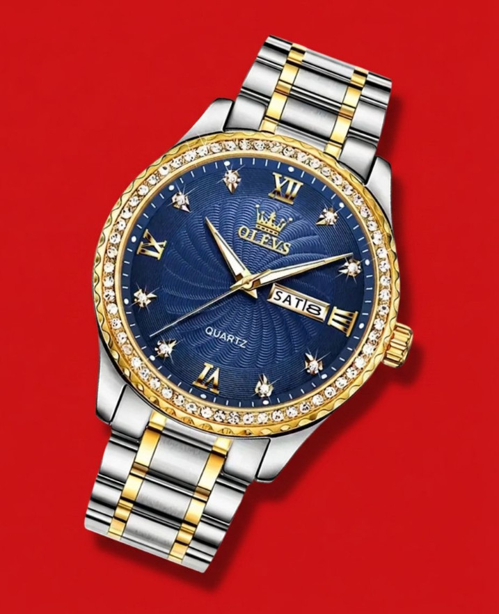 Men Luxury Blue Dial Business Watch Stainless Jewel Bezel Analog Date Wristwatch
