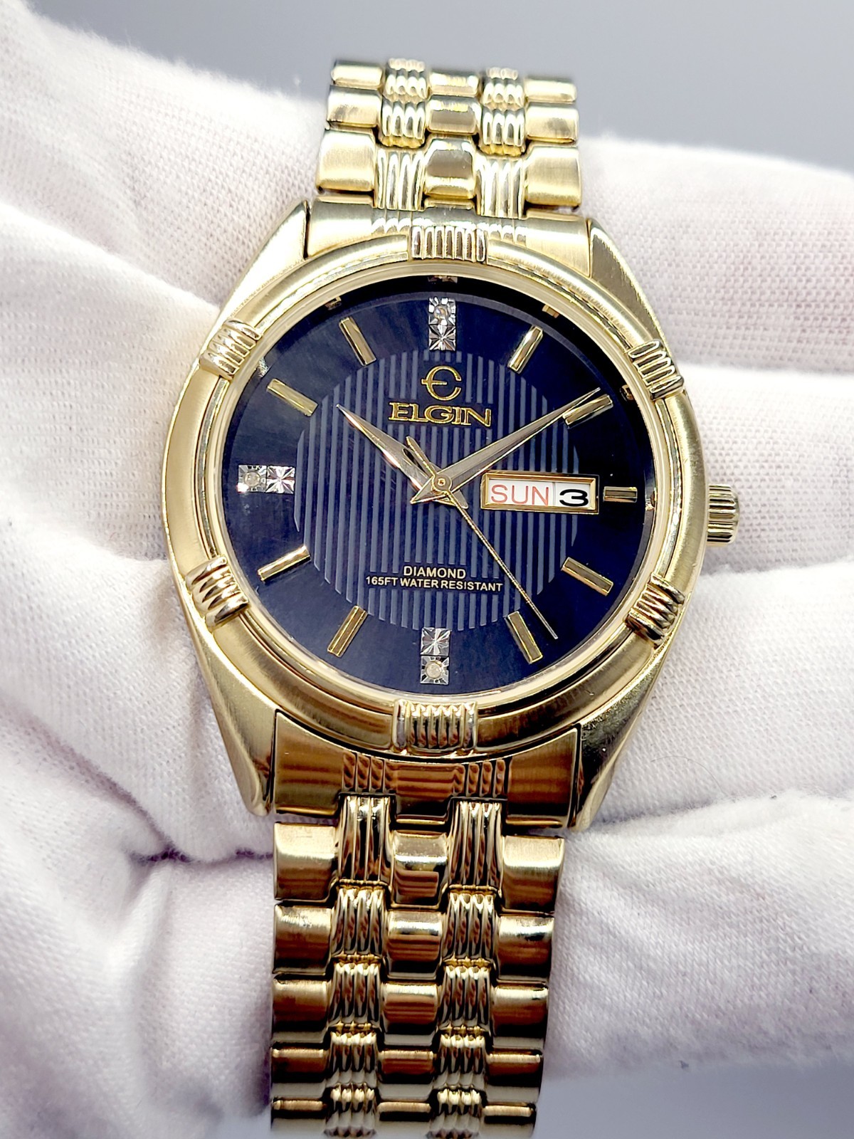 Elgin Men’s Gold Tone Watch 1990s [MINT] Black Pinstripe Dial Diamond Accents