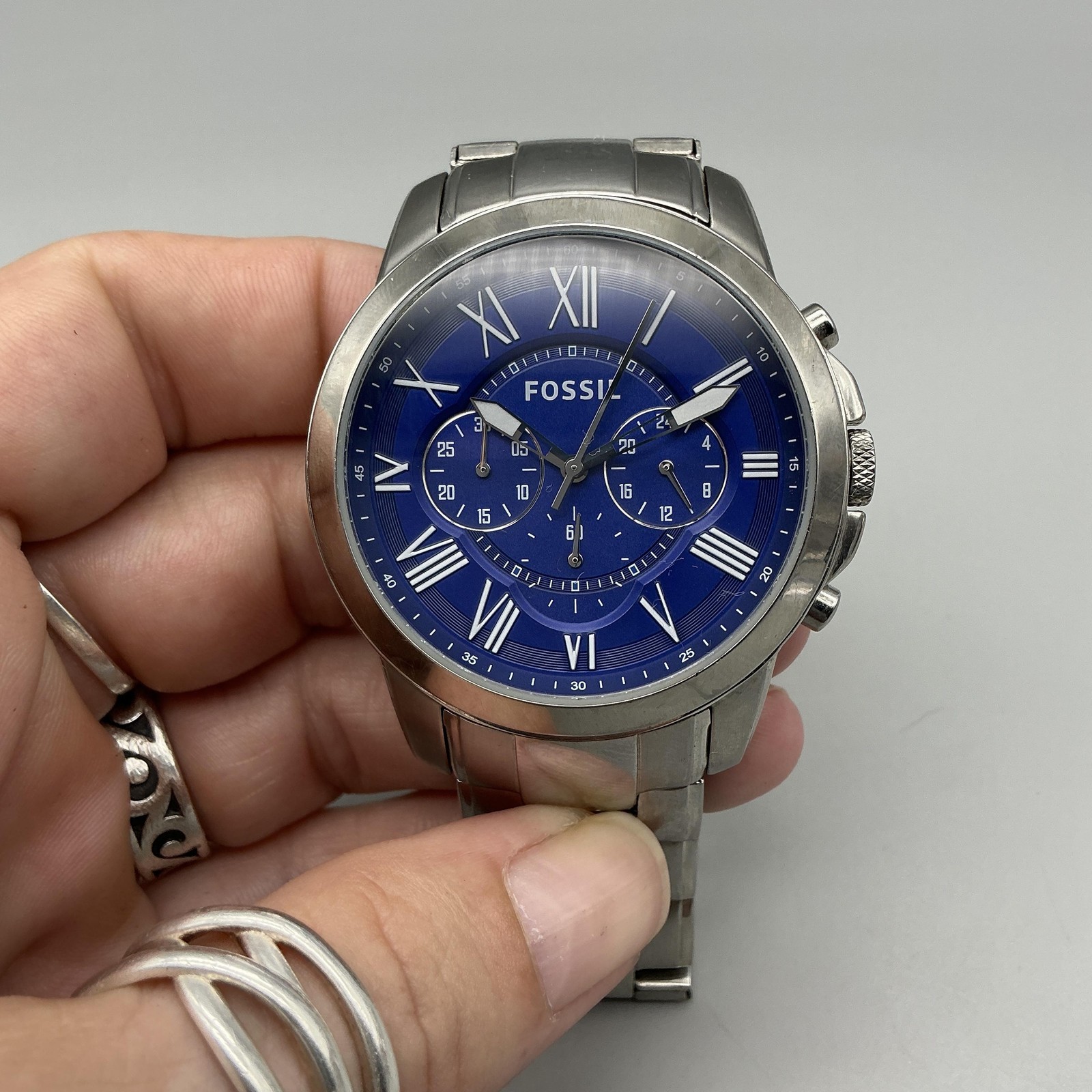 Fossil FS4844 Mens Watch 44mm Blue Dial Stainless Chronograph New Battery 7″