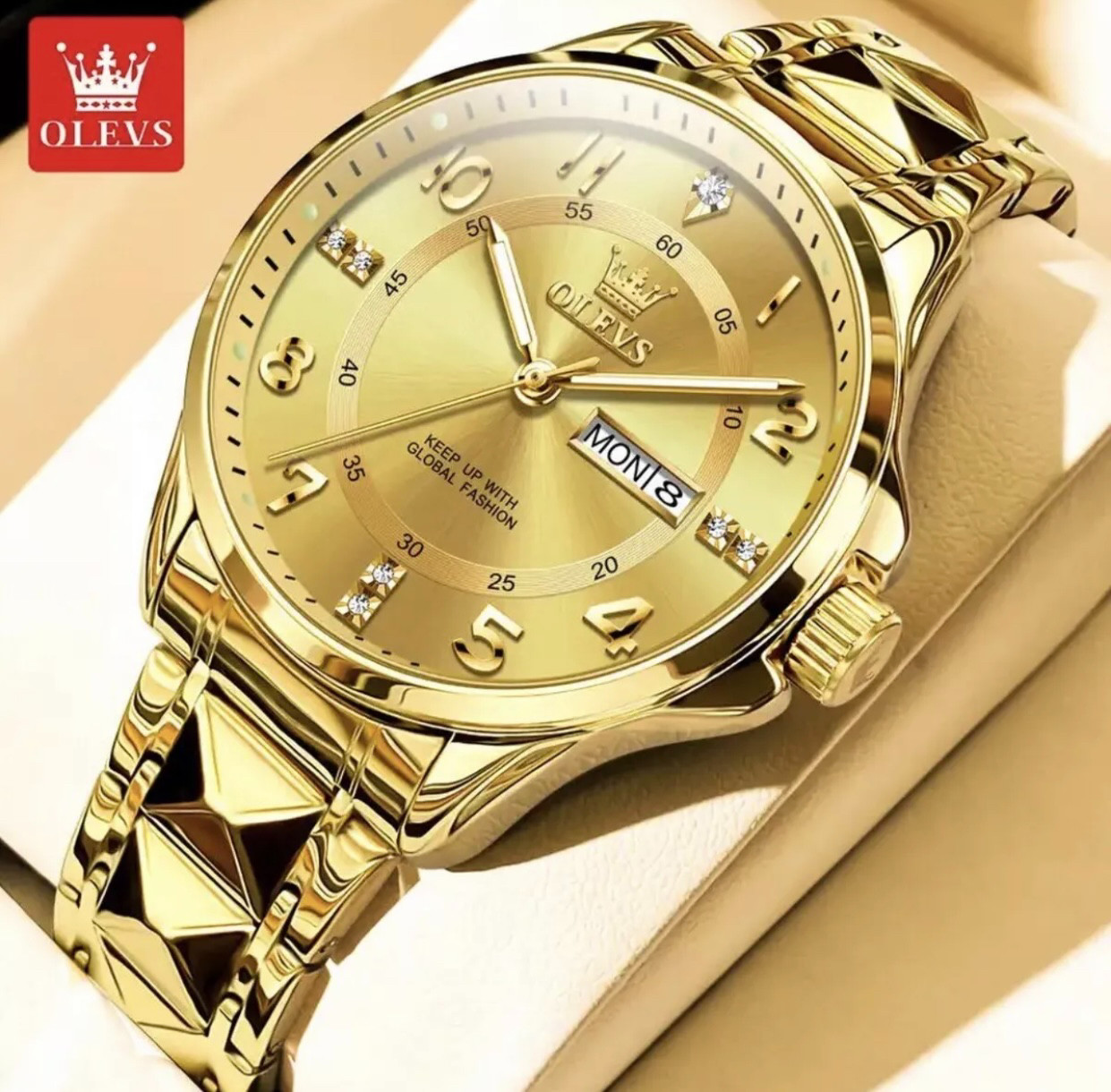 OLEVS Quartz Watch for Men Luxury Diamond Luminous Stainless Steel New Golden