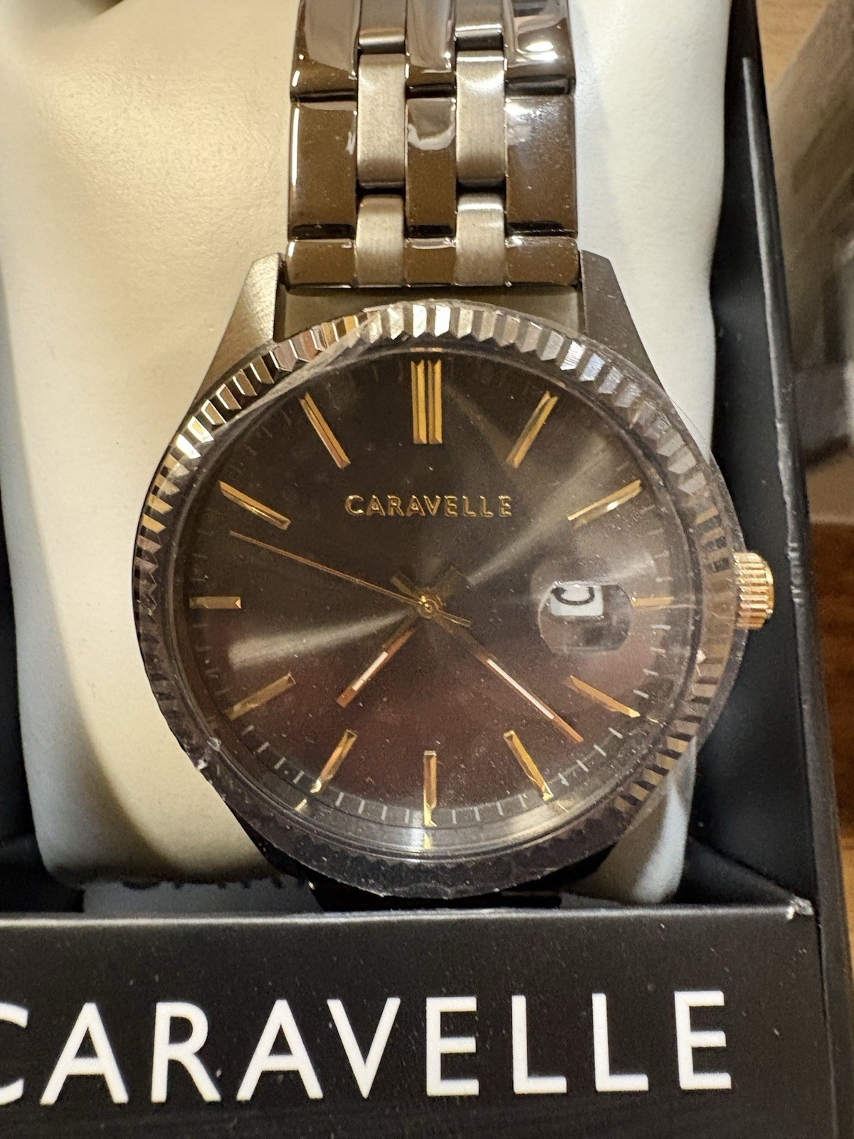 Caravelle Men’s Quartz Analog Black Dial Gray Stainless Bracelet Date 42mm Box