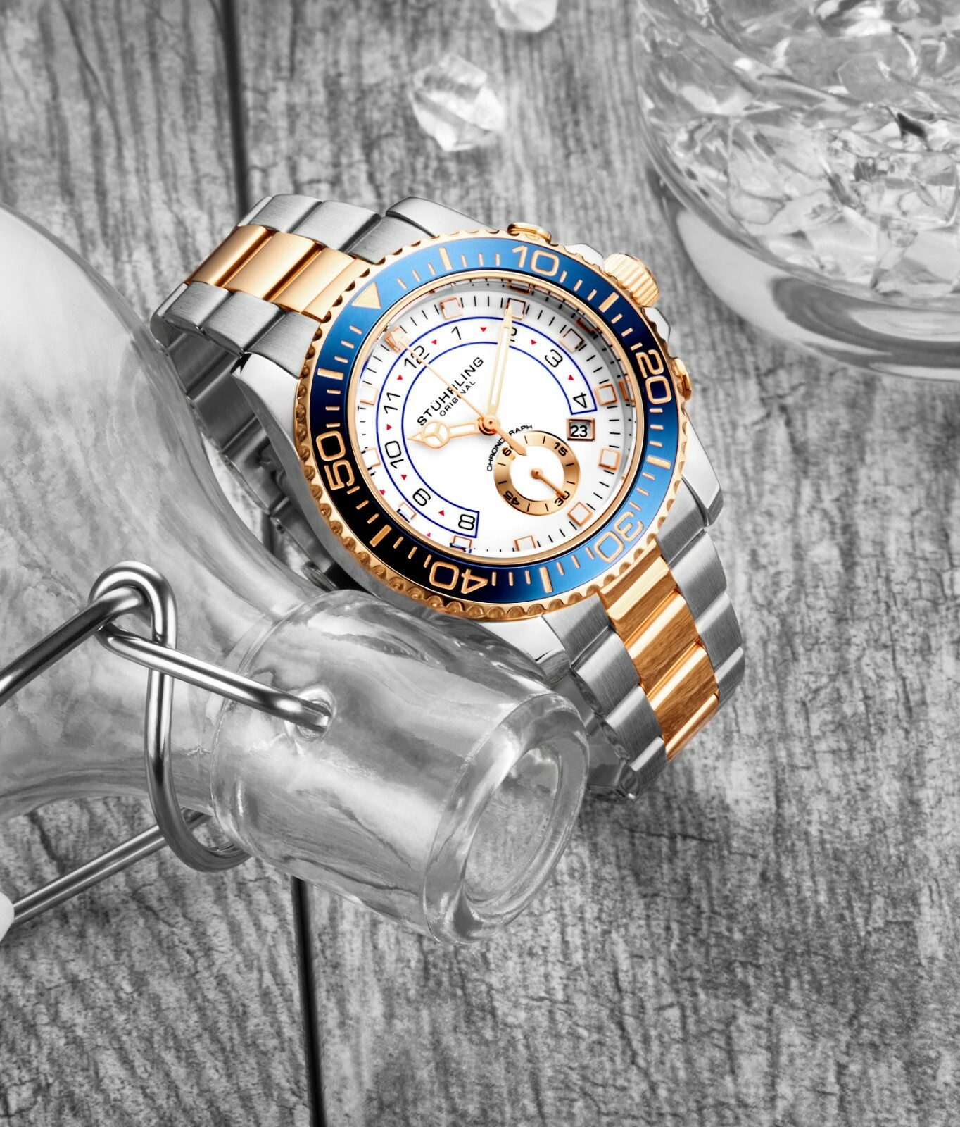 Stuhrling Men’s Chronograph Diver White & Rose Blue Bezel Silver & Rose Watch