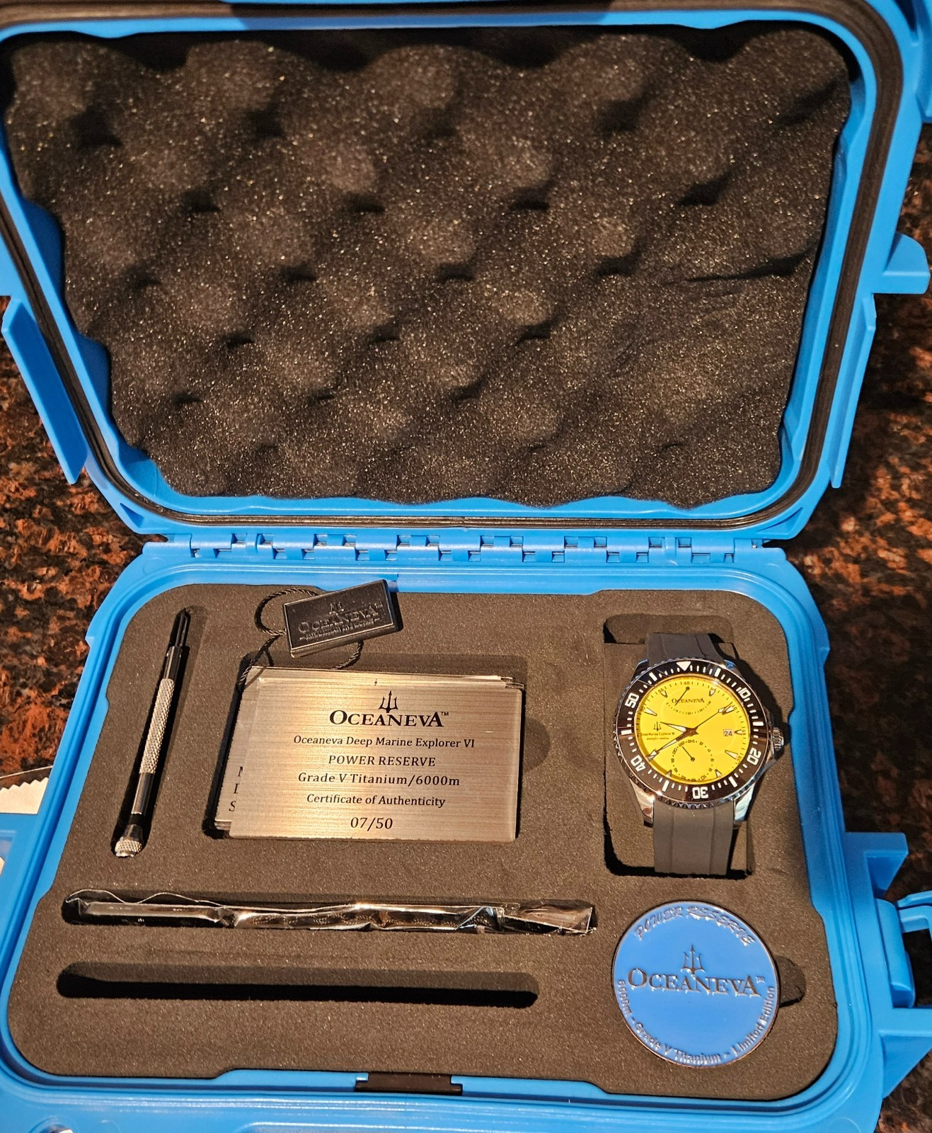 Oceaneva Power Reserve 6000m Automatic Grade 5 Titanium Watch Yellow