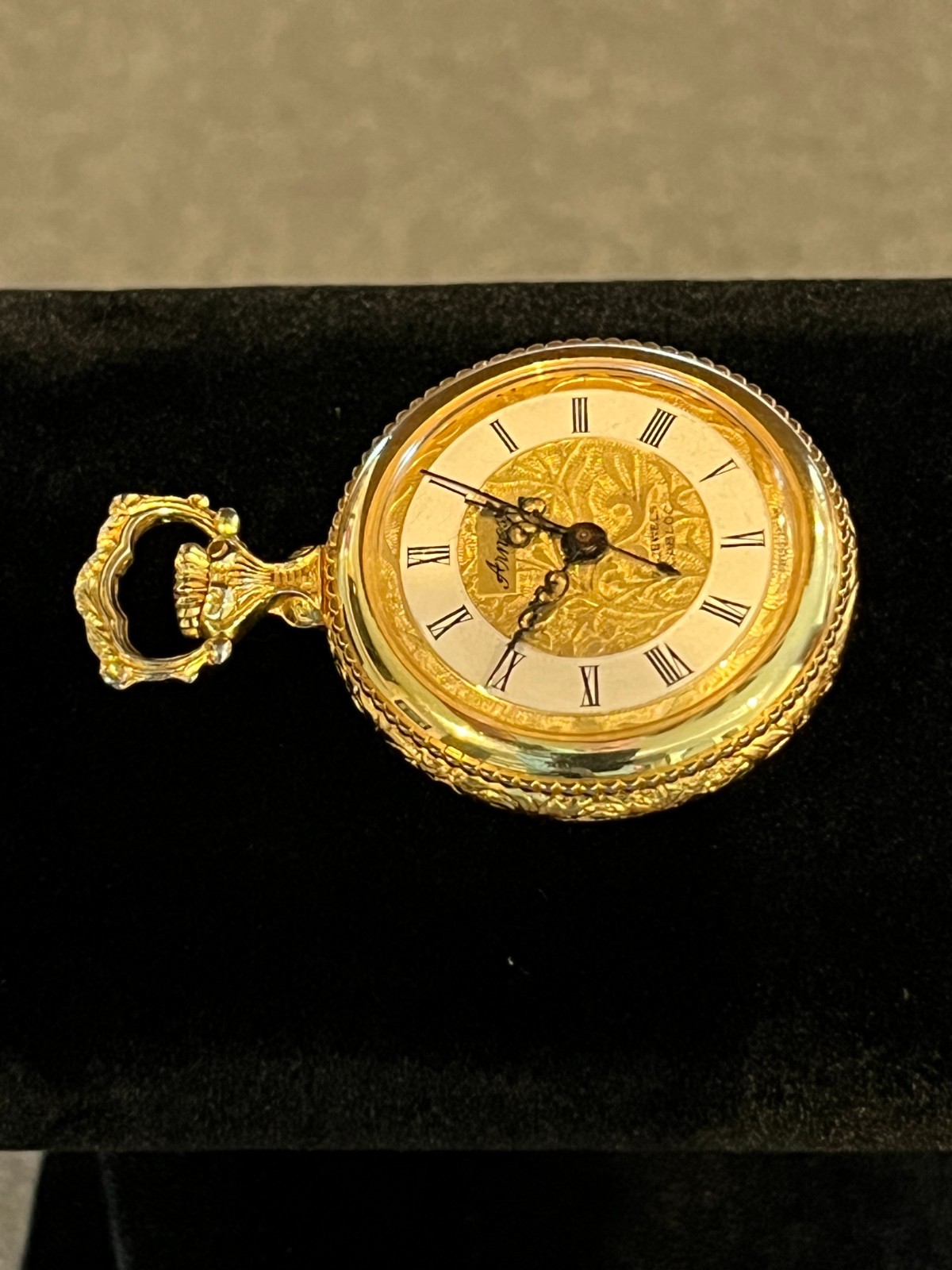 Vintage Arnex 17 Jewel Pocket Watch Gold Filigree Dial Enamel Vineyard MINT