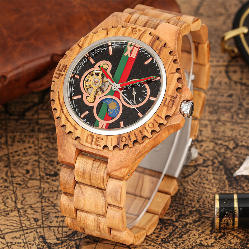 Men’s Wooden Automatic Watch Full Wooden Bracelet Wristwatch Folding Clasp Gifts