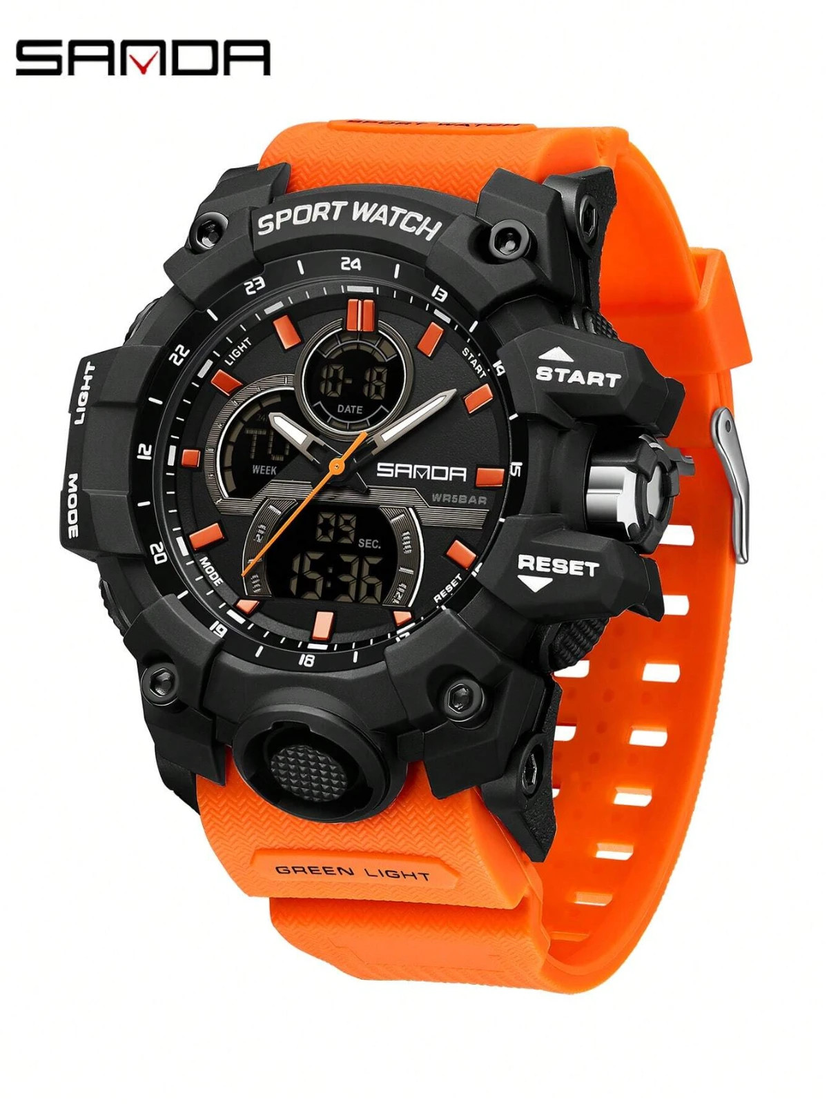 Orange Men Luxury Sports Watch Dual Display Waterproof Quartz Movement Stopwatch
