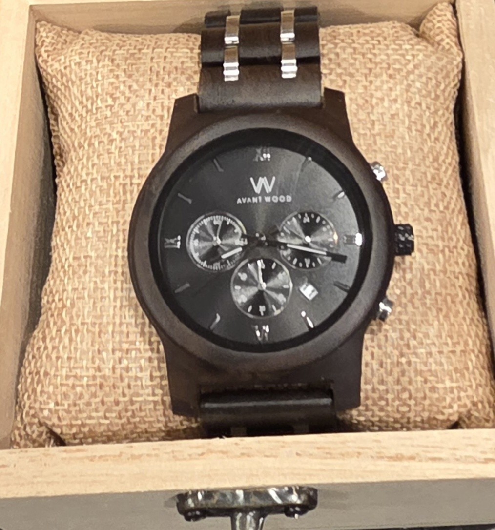 AvantWood Chrono S Ivory Black 44mm Wooden Men’s Watch Unique Sandalwood