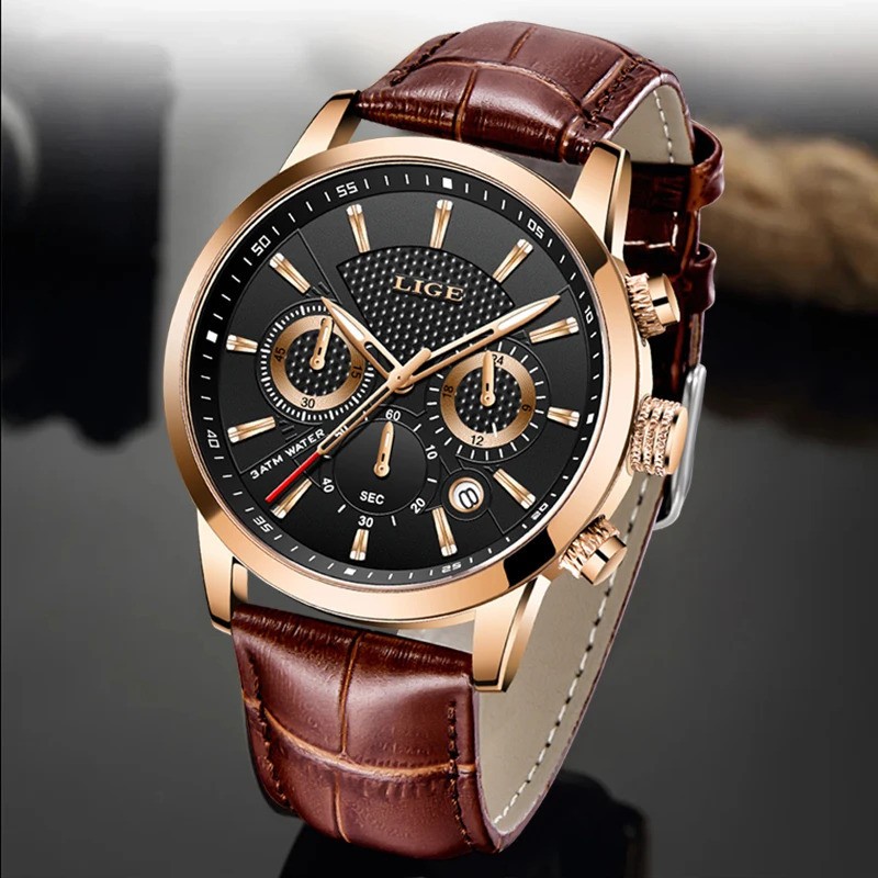 LIGE Men’s Luxury Chronograph Leather Strap Quartz Watch Waterproof Analog Date