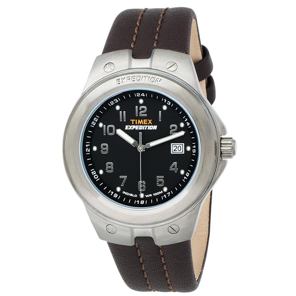 Timex T49631 Men’s Black Dial Brown Leather Strap Steel Watch