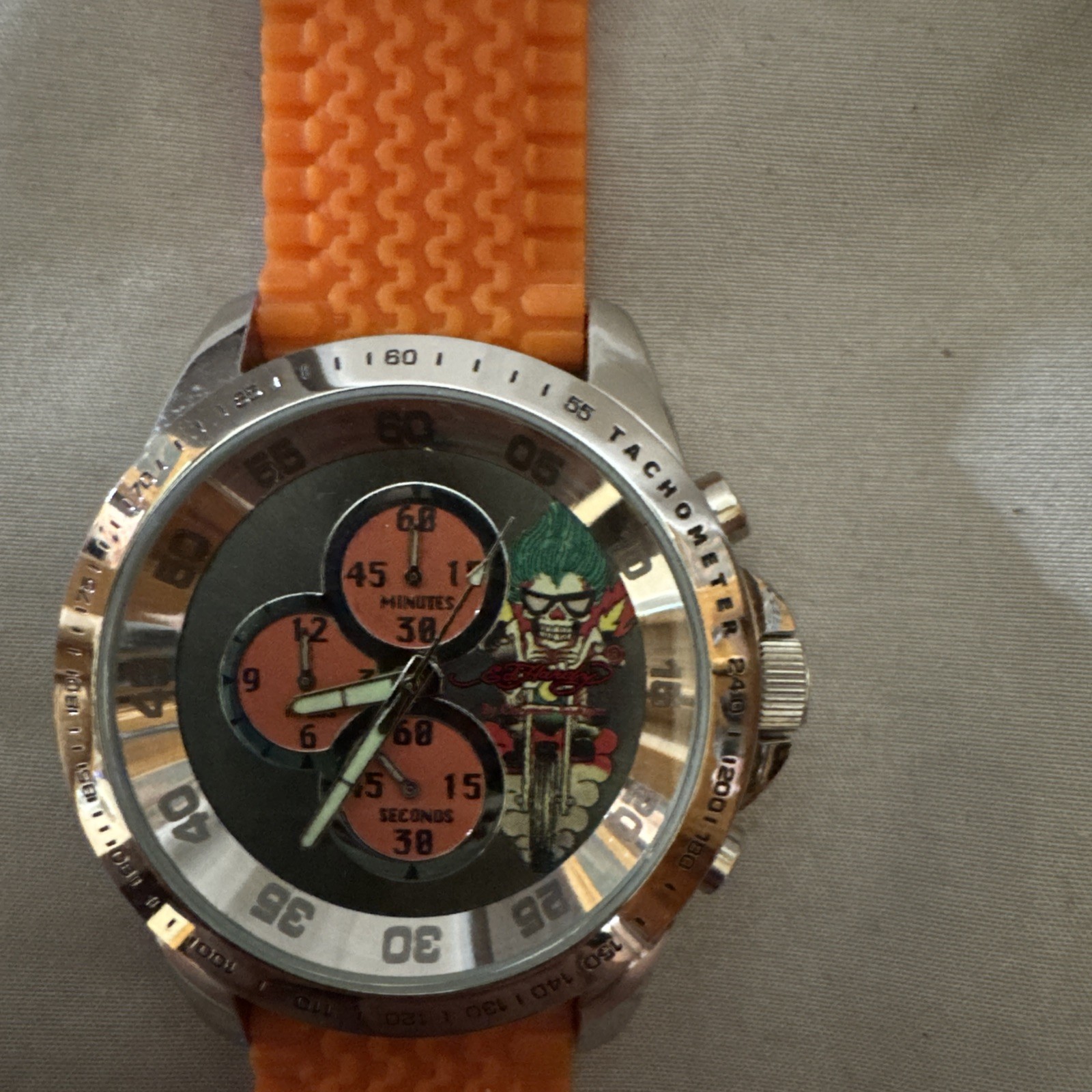 Ed Hardy 45mm Gray Sunburst Dial Dragster Orange Mens Watch DR OR-0709