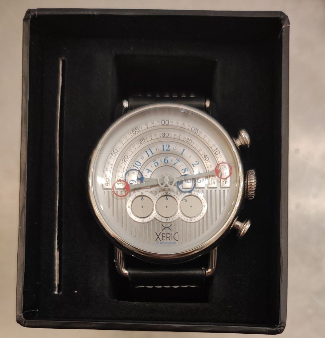 Xeric Halograph Chronograph Silver Wristwatch Watch Leather Men’s w/ Box r#