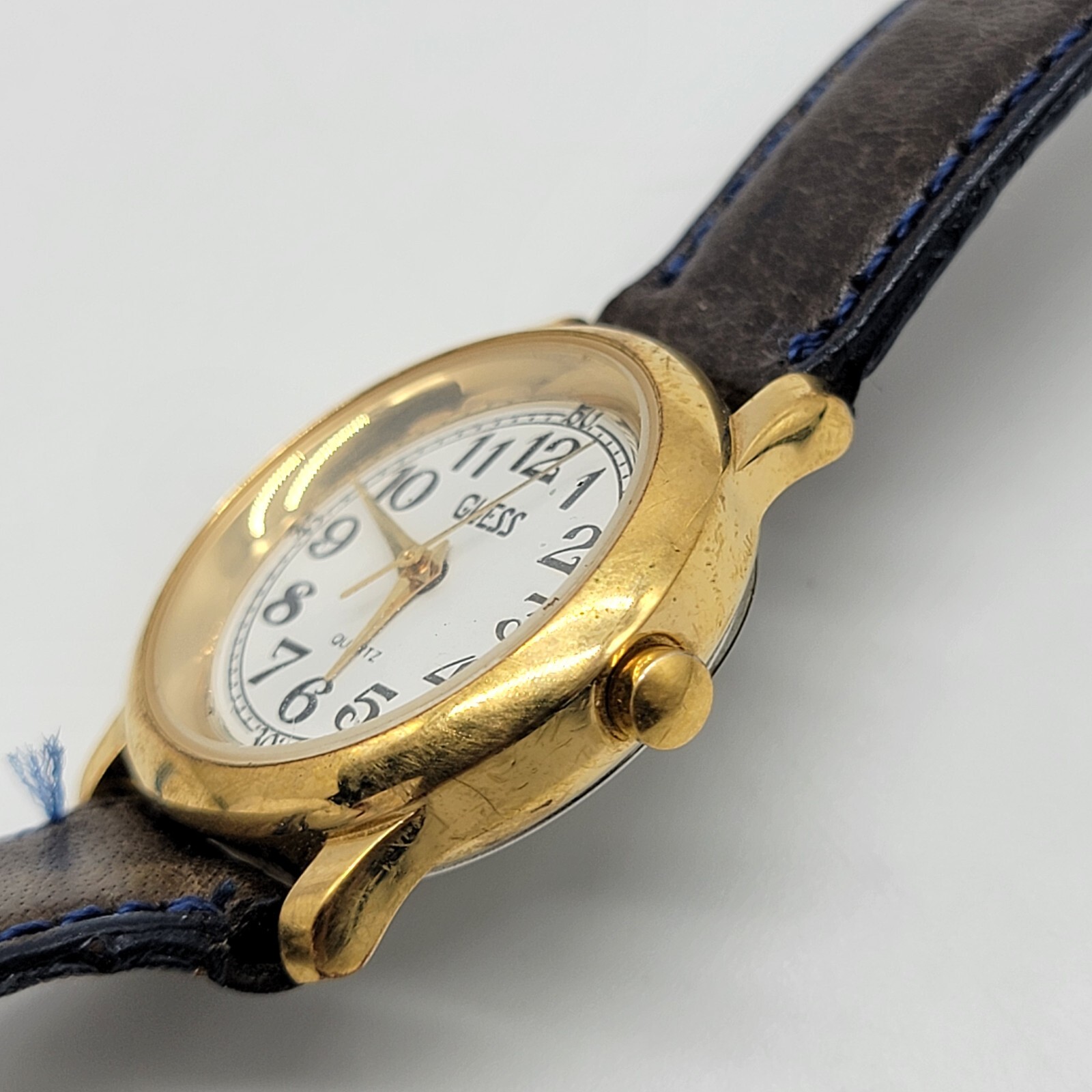 Guess Women Watch 25mm Gold Tone Dark Brown Leather Band *