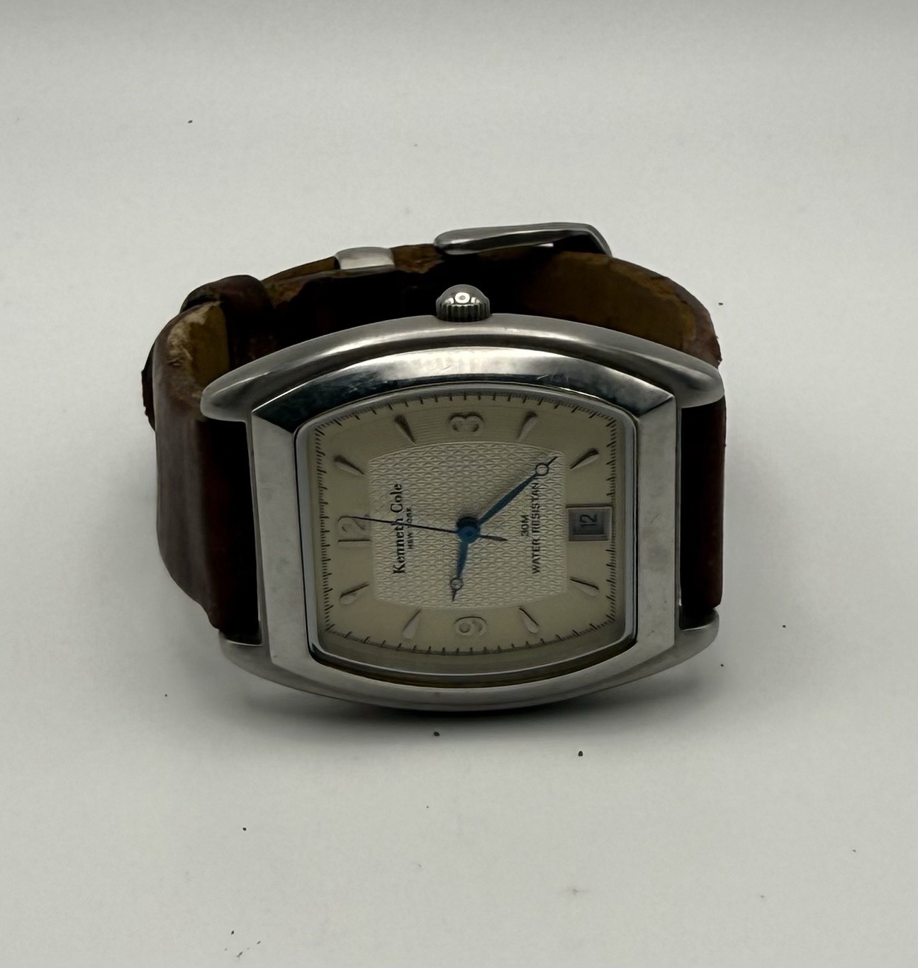 Kenneth Cole Quartz New York Tonneau SS Brown Leather Silver Dial Date 30m