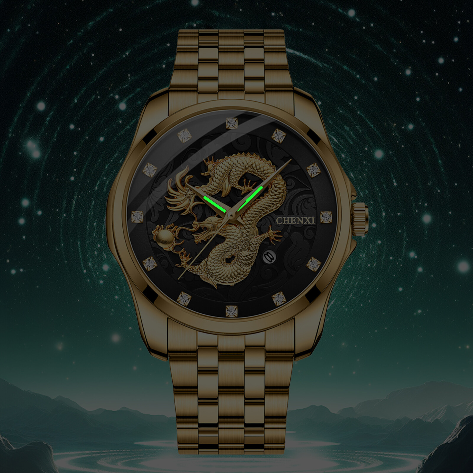 Mens Luxury Stainless Steel Dragon Analog Quartz Wrist Watch Waterproof Luminous