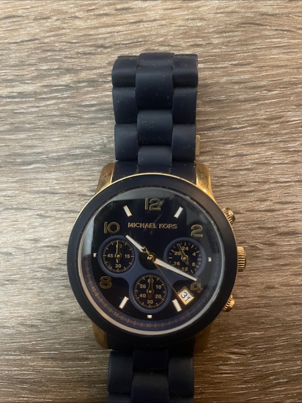 Michael Kors Navy and Gold-Tone Chronograph Watch with Navy Silicone Strap