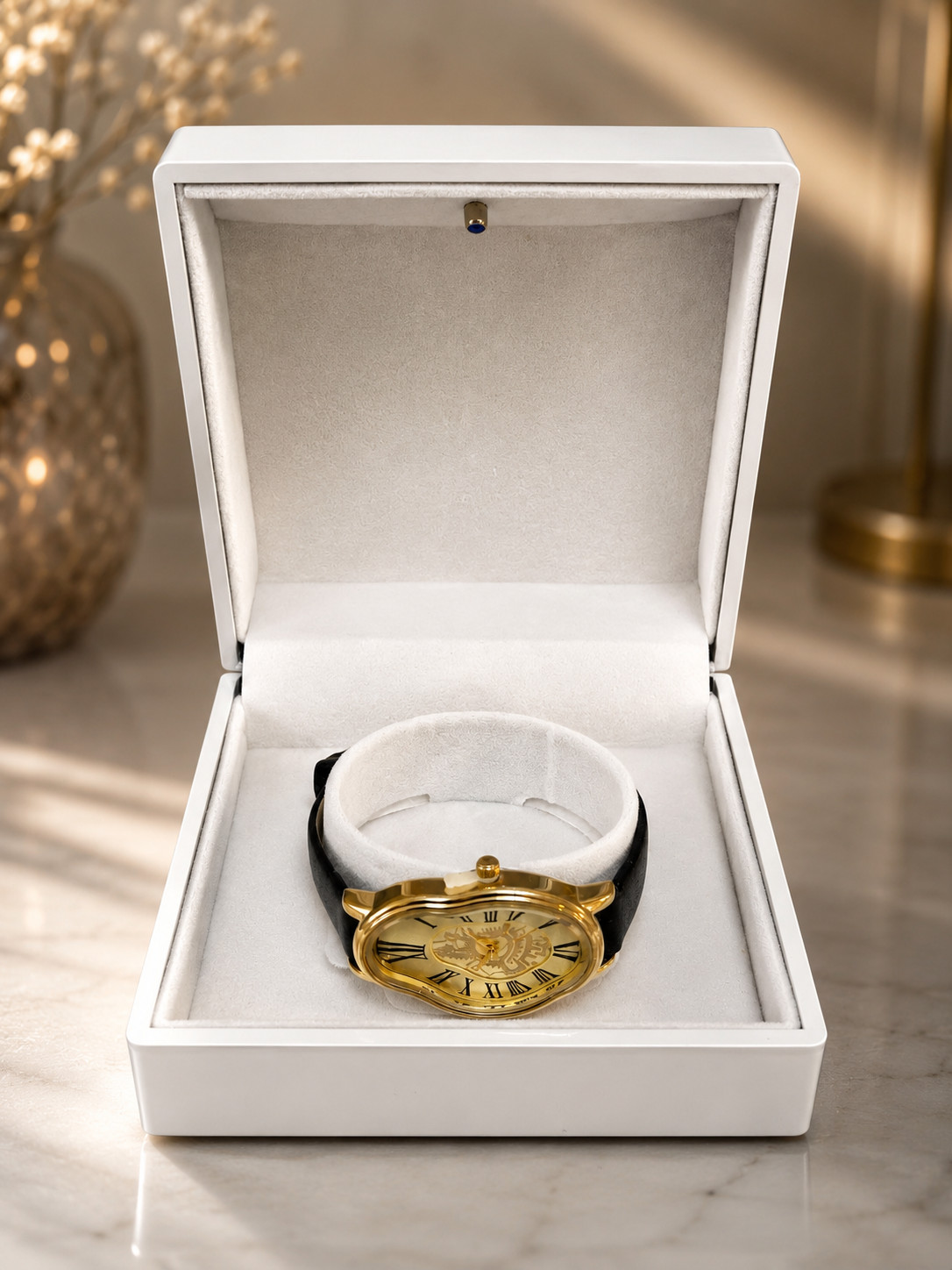 Women’s Ladies Men Dali Inspired Melting Watch Gold Wavy Black 8 Leather Watch